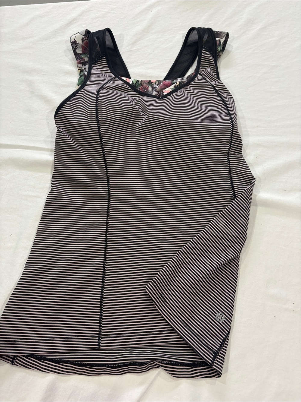 lululemon athletica Black and White Striped Tank with Floral Racerback